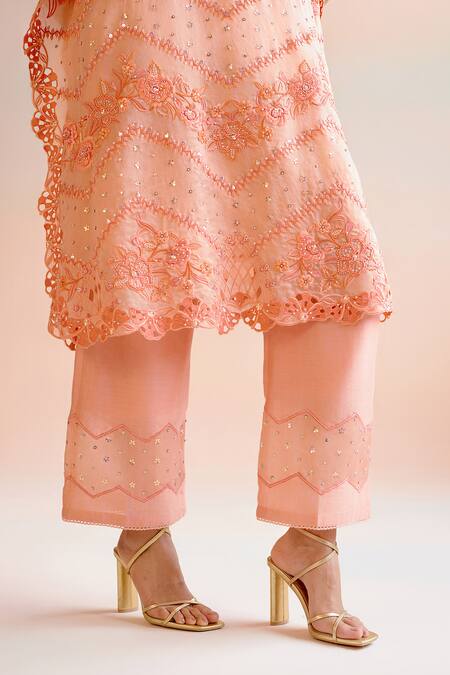 Chandrima_Peach Chanderi Sequins, Pearls Chevron Embroidered Pant _Online_at_Aza_Fashions