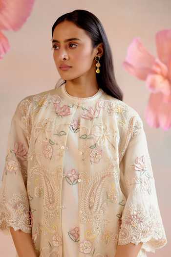 Chandrima Ivory Chanderi Pearls, Beads Round Neck Floral Applique Embroidered Tunic Online at Aza Fashions Chandrima_Ivory Chanderi Pearls, Beads Round Neck Floral Applique Embroidered Tunic _Online_at_Aza_Fashions