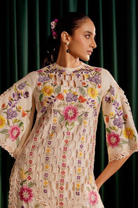 Chandrima_Ivory Chanderi Pearls, Beads, Embroidery Round Floral Cutwork Kurta With Pant _Online_at_Aza_Fashions