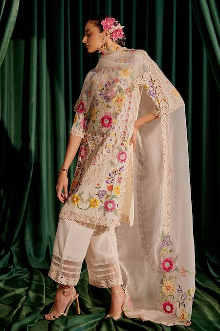 Buy_Chandrima_Ivory Chanderi Pearls, Beads, Embroidery Round Floral Cutwork Kurta With Pant _Online_at_Aza_Fashions