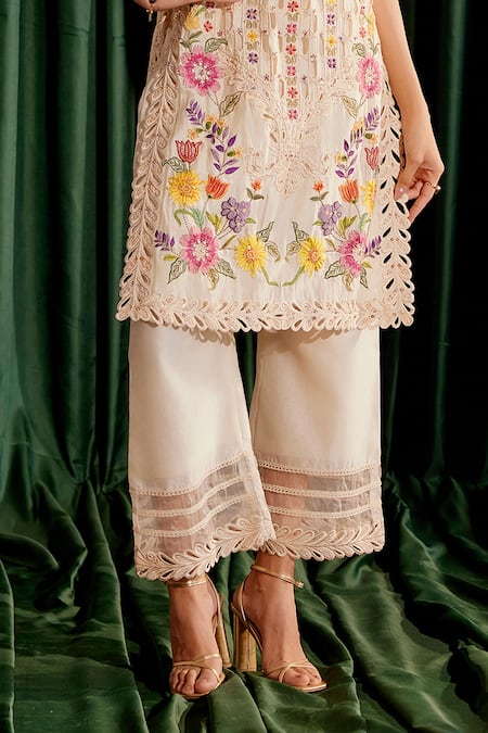 Shop_Chandrima_Ivory Chanderi Pearls, Beads, Embroidery Round Floral Cutwork Kurta With Pant _Online_at_Aza_Fashions