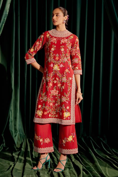 Chandrima Red Chanderi Embroidery Floral Round Kurta With Pant 