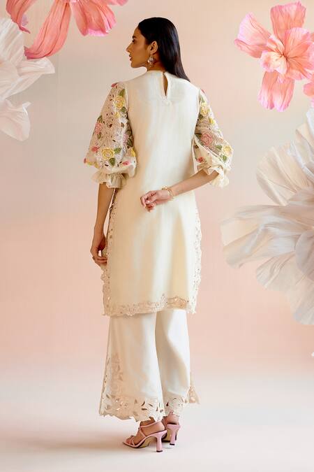 Shop Chandrima Ivory Chanderi Pearls, Cut Work Round Neck Floral Embroidered Kurta With Pant at Aza Fashions Shop_Chandrima_Ivory Chanderi Pearls, Cut Work Round Neck Floral Embroidered Kurta With Pant _at_Aza_Fashions