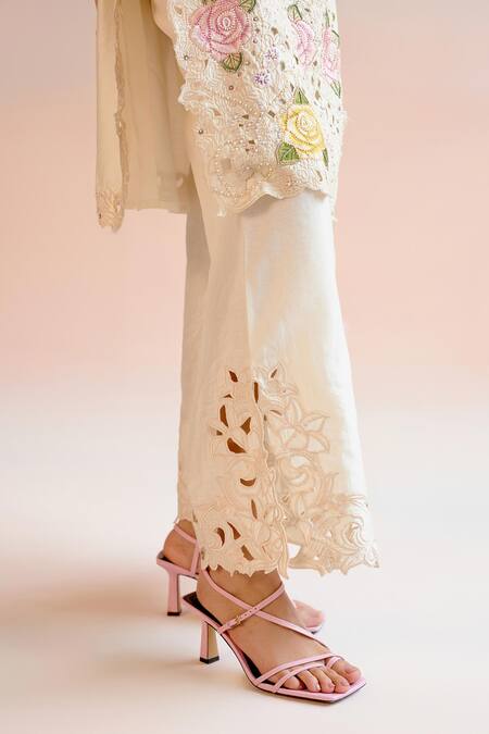 Chandrima Ivory Chanderi Pearls, Cut Work Round Neck Floral Embroidered Kurta With Pant Online at Aza Fashions Chandrima_Ivory Chanderi Pearls, Cut Work Round Neck Floral Embroidered Kurta With Pant _Online_at_Aza_Fashions