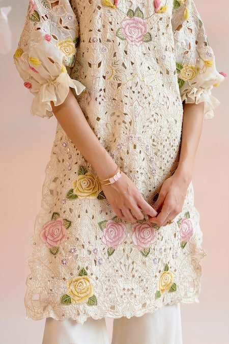 Buy Chandrima Ivory Chanderi Pearls, Cut Work Round Neck Floral Embroidered Kurta With Pant Online at Aza Fashions Buy_Chandrima_Ivory Chanderi Pearls, Cut Work Round Neck Floral Embroidered Kurta With Pant _Online_at_Aza_Fashions