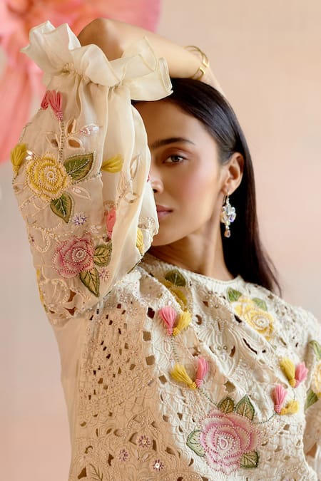 Shop Chandrima Ivory Chanderi Pearls, Cut Work Round Neck Floral Embroidered Kurta With Pant Online at Aza Fashions Shop_Chandrima_Ivory Chanderi Pearls, Cut Work Round Neck Floral Embroidered Kurta With Pant _Online_at_Aza_Fashions