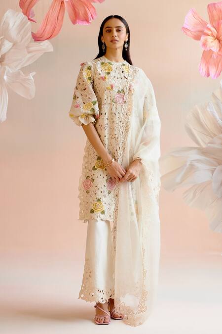 Chandrima Ivory Chanderi Pearls, Cut Work Round Neck Floral Embroidered Kurta With Pant at Aza Fashions Chandrima_Ivory Chanderi Pearls, Cut Work Round Neck Floral Embroidered Kurta With Pant _at_Aza_Fashions