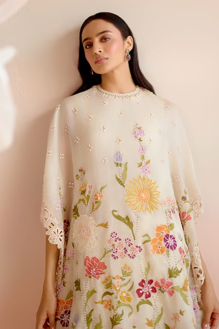 Shop Chandrima Ivory Silk Organza Embroidery Round Neck Floral Cutwork Kaftan Online at Aza Fashions Shop_Chandrima_Ivory Silk Organza Embroidery Round Neck Floral Cutwork Kaftan _Online_at_Aza_Fashions