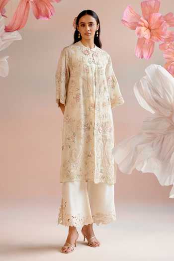 Chandrima_Ivory Silk Organza Pearls, Sequins Round Neck Paisley Embroidered Jacket _Online_at_Aza_Fashions