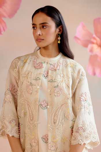Shop_Chandrima_Ivory Silk Organza Pearls, Sequins Round Neck Paisley Embroidered Jacket _Online_at_Aza_Fashions