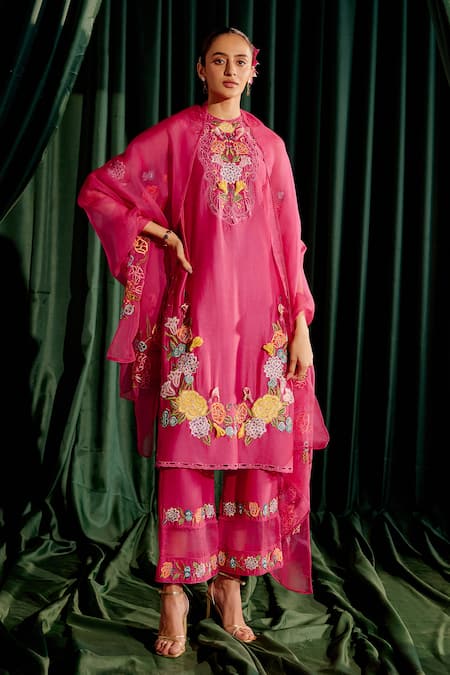 Buy Pink Chanderi Embroidery Floral Round 3d Kurta With Pant For Women ...