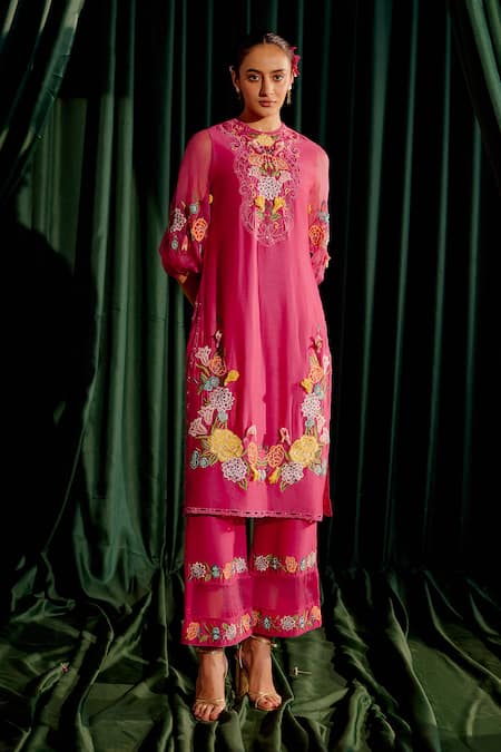 Chandrima_Pink Chanderi Embroidery, Beads Round Neck 3d Floral Kurta With Pant _Online_at_Aza_Fashions