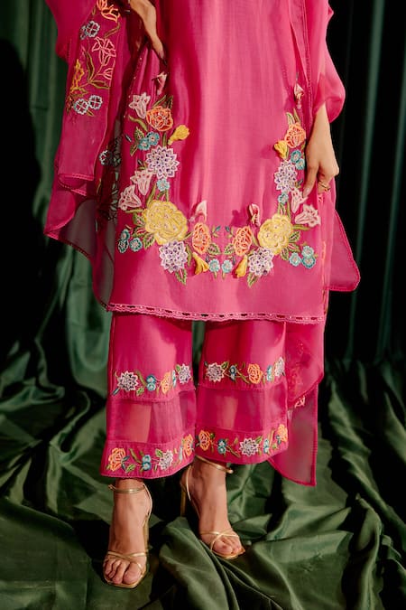 Buy_Chandrima_Pink Chanderi Embroidery, Beads Round Neck 3d Floral Kurta With Pant _Online_at_Aza_Fashions