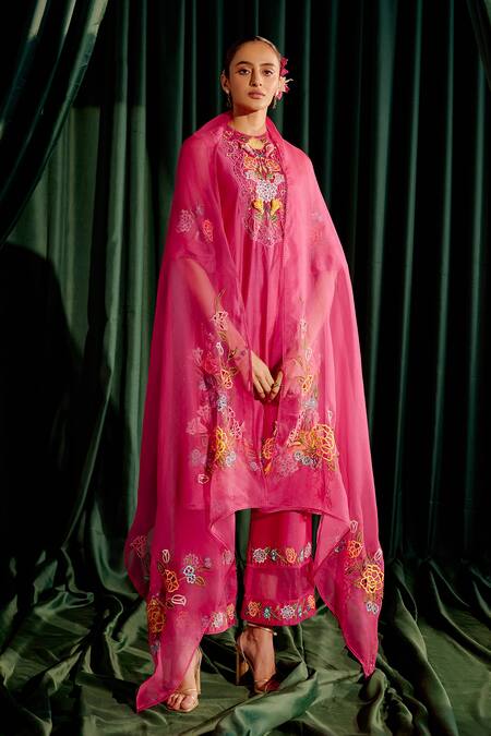 Shop_Chandrima_Pink Chanderi Embroidery, Beads Round Neck 3d Floral Kurta With Pant _Online_at_Aza_Fashions