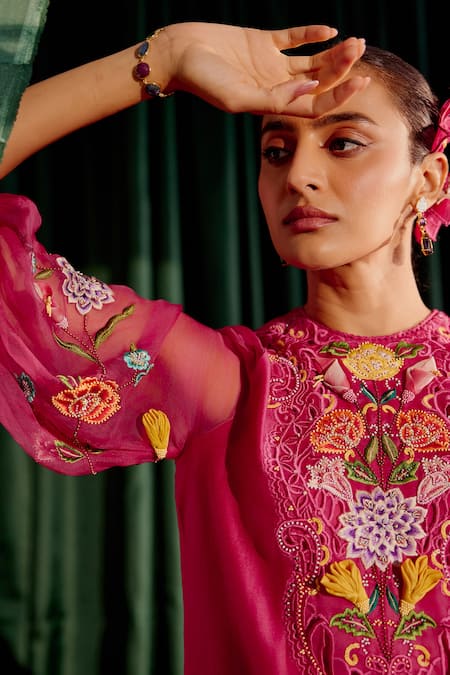 Chandrima_Pink Chanderi Embroidery, Beads Round Neck 3d Floral Kurta With Pant _at_Aza_Fashions