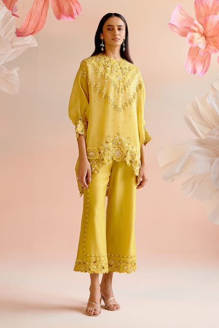 Chandrima Yellow Tunic Silk Organza Embroidery Floral Round Kimono With Pant 