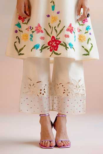 Chandrima Ivory Chanderi Beads, Embroidery Round Neck Floral A-line Kurta With Pant Online at Aza Fashions Chandrima_Ivory Chanderi Beads, Embroidery Round Neck Floral A-line Kurta With Pant _Online_at_Aza_Fashions