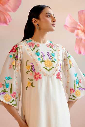 Buy Chandrima Ivory Chanderi Beads, Embroidery Round Neck Floral A-line Kurta With Pant Online at Aza Fashions Buy_Chandrima_Ivory Chanderi Beads, Embroidery Round Neck Floral A-line Kurta With Pant _Online_at_Aza_Fashions