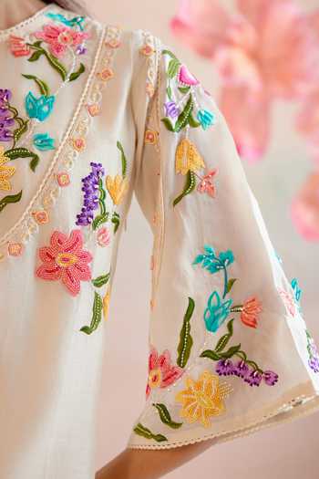 Shop Chandrima Ivory Chanderi Beads, Embroidery Round Neck Floral A-line Kurta With Pant Online at Aza Fashions Shop_Chandrima_Ivory Chanderi Beads, Embroidery Round Neck Floral A-line Kurta With Pant _Online_at_Aza_Fashions