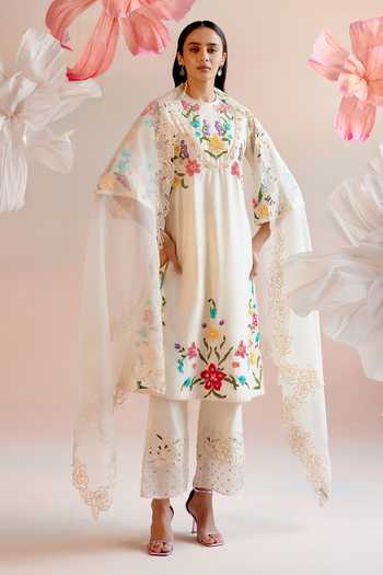 Chandrima Ivory Chanderi Beads, Embroidery Round Neck Floral A-line Kurta With Pant at Aza Fashions Chandrima_Ivory Chanderi Beads, Embroidery Round Neck Floral A-line Kurta With Pant _at_Aza_Fashions