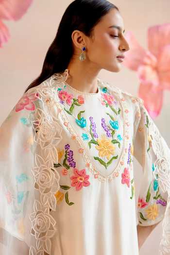 Buy Chandrima Ivory Chanderi Beads, Embroidery Round Neck Floral A-line Kurta With Pant Buy_Chandrima_Ivory Chanderi Beads, Embroidery Round Neck Floral A-line Kurta With Pant