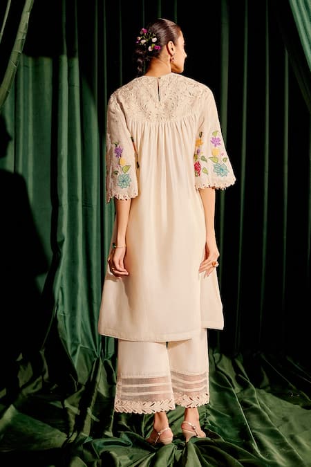 Shop Chandrima Ivory Chanderi Beads, Embroidery, Cut 3d Floral Applique Yoke Kurta With Pant at Aza Fashions Shop_Chandrima_Ivory Chanderi Beads, Embroidery, Cut 3d Floral Applique Yoke Kurta With Pant _at_Aza_Fashions