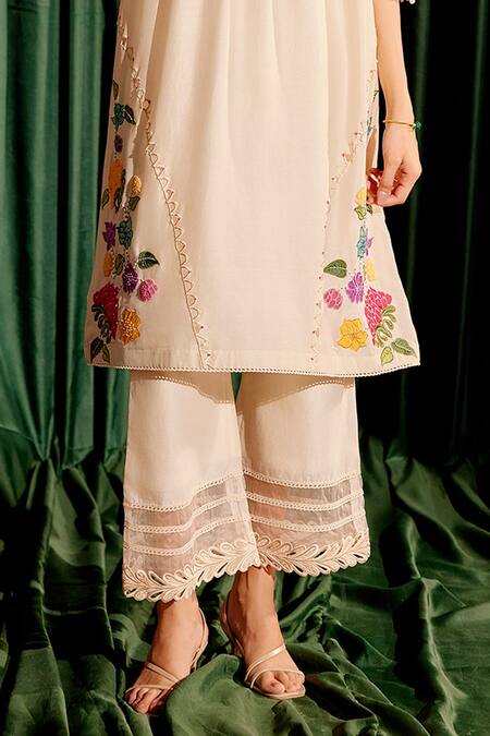 Chandrima Ivory Chanderi Beads, Embroidery, Cut 3d Floral Applique Yoke Kurta With Pant Online at Aza Fashions Chandrima_Ivory Chanderi Beads, Embroidery, Cut 3d Floral Applique Yoke Kurta With Pant _Online_at_Aza_Fashions