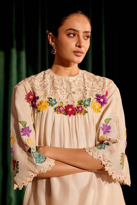 Buy Chandrima Ivory Chanderi Beads, Embroidery, Cut 3d Floral Applique Yoke Kurta With Pant Online at Aza Fashions Buy_Chandrima_Ivory Chanderi Beads, Embroidery, Cut 3d Floral Applique Yoke Kurta With Pant _Online_at_Aza_Fashions