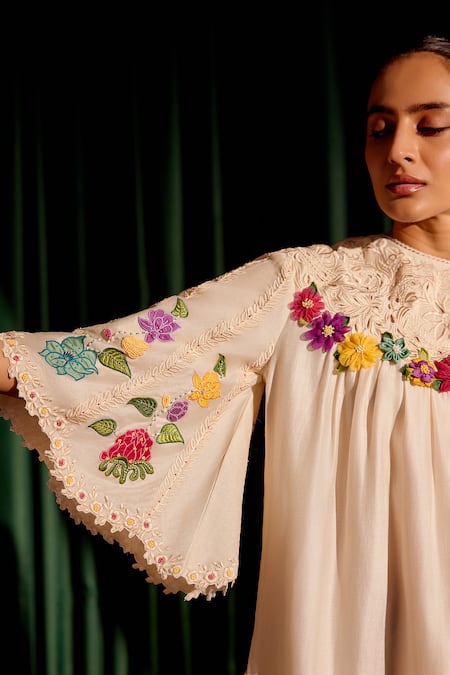 Shop Chandrima Ivory Chanderi Beads, Embroidery, Cut 3d Floral Applique Yoke Kurta With Pant Online at Aza Fashions Shop_Chandrima_Ivory Chanderi Beads, Embroidery, Cut 3d Floral Applique Yoke Kurta With Pant _Online_at_Aza_Fashions