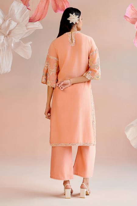 Shop_Chandrima_Peach Chanderi Cut Work, Sequins, Beads, Embroidery Paisley Kurta With Pant _at_Aza_Fashions
