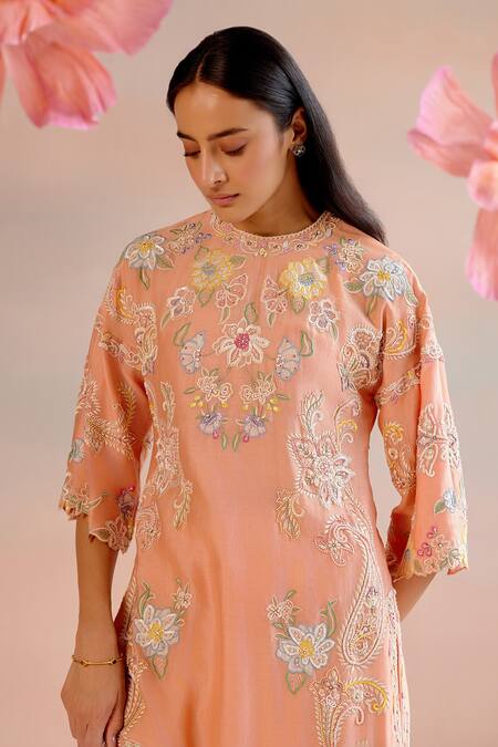 Shop_Chandrima_Peach Chanderi Cut Work, Sequins, Beads, Embroidery Paisley Kurta With Pant _Online_at_Aza_Fashions