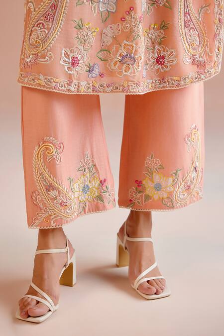 Chandrima_Peach Chanderi Cut Work, Sequins, Beads, Embroidery Paisley Kurta With Pant _at_Aza_Fashions