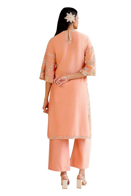 Buy_Chandrima_Peach Chanderi Cut Work, Sequins, Beads, Embroidery Paisley Kurta With Pant 