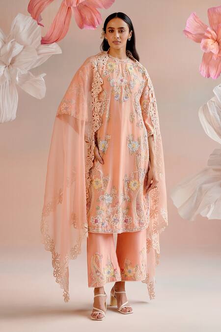 Shop_Chandrima_Peach Chanderi Cut Work, Sequins, Beads, Embroidery Paisley Kurta With Pant 