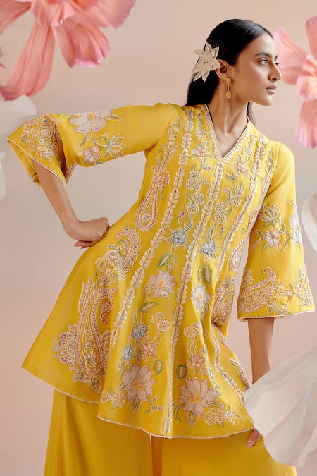 Buy_Chandrima_Yellow Chanderi, Silk Organza, Silk, Georgette Paisley Short Kurta With Sharara _Online_at_Aza_Fashions