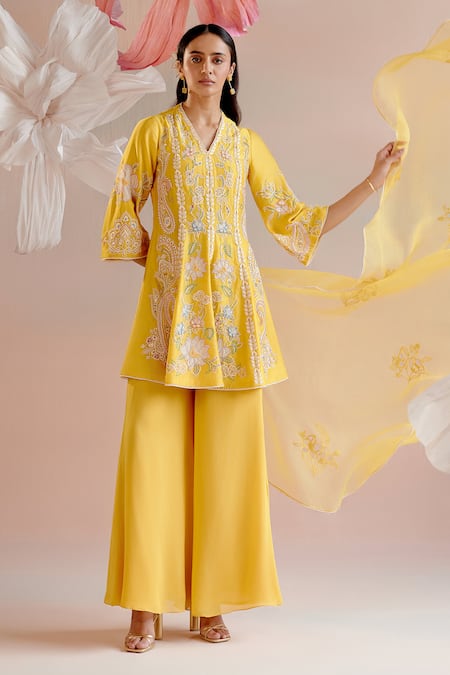 Chandrima_Yellow Chanderi, Silk Organza, Silk, Georgette Paisley Short Kurta With Sharara _at_Aza_Fashions
