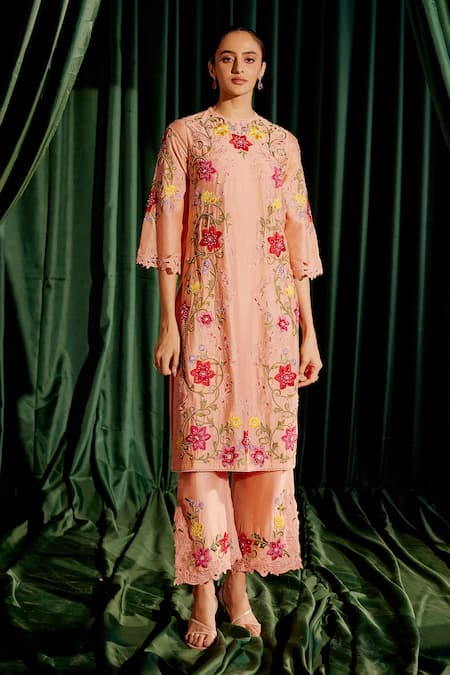 Chandrima Peach Chanderi Embroidery Floral Round Beads Kurta With Pant 