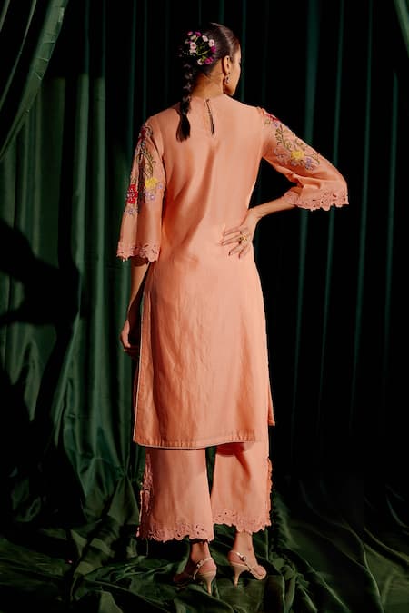 Shop Chandrima Peach Chanderi Embroidery, Beads Round Neck Floral Kurta With Pant at Aza Fashions Shop_Chandrima_Peach Chanderi Embroidery, Beads Round Neck Floral Kurta With Pant _at_Aza_Fashions