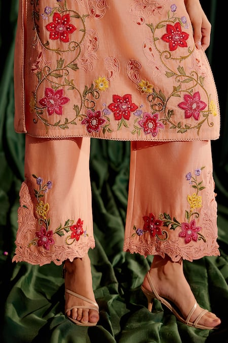 Chandrima Peach Chanderi Embroidery, Beads Round Neck Floral Kurta With Pant Online at Aza Fashions Chandrima_Peach Chanderi Embroidery, Beads Round Neck Floral Kurta With Pant _Online_at_Aza_Fashions