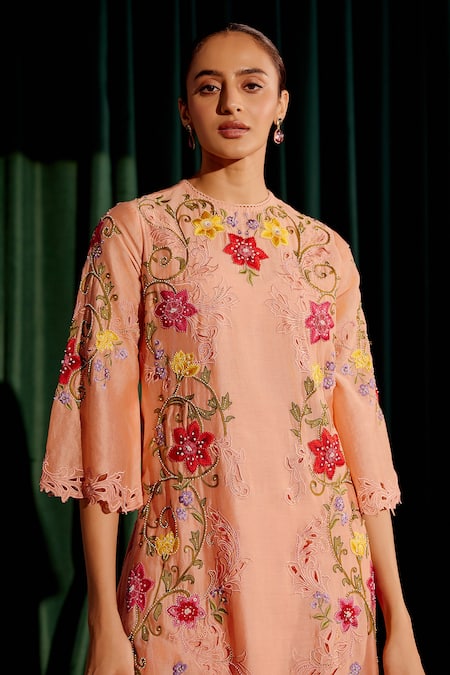 Buy Chandrima Peach Chanderi Embroidery, Beads Round Neck Floral Kurta With Pant Online at Aza Fashions Buy_Chandrima_Peach Chanderi Embroidery, Beads Round Neck Floral Kurta With Pant _Online_at_Aza_Fashions