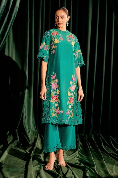 Chandrima Green Chanderi Embroidery Floral Round Applique Kurta With Pant 