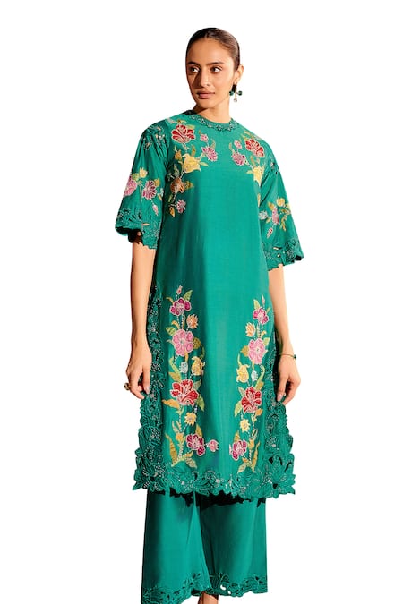 Chandrima_Green Chanderi Embroidery, Beads, Cut Work Floral Applique Kurta With Pant _Online_at_Aza_Fashions