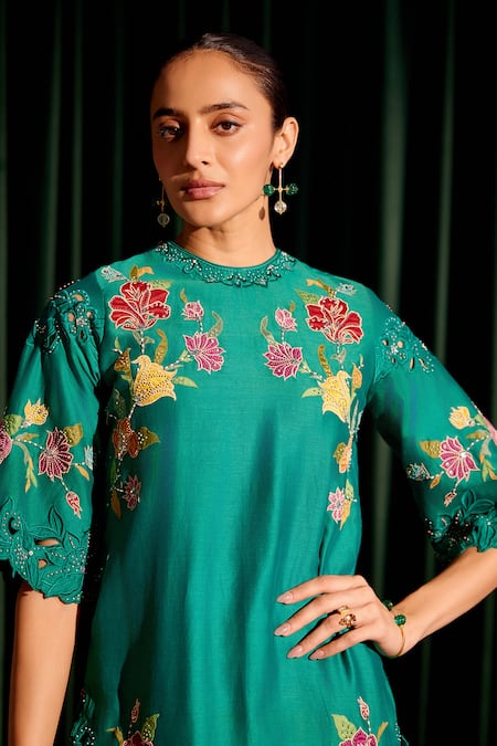 Shop_Chandrima_Green Chanderi Embroidery, Beads, Cut Work Floral Applique Kurta With Pant _Online_at_Aza_Fashions
