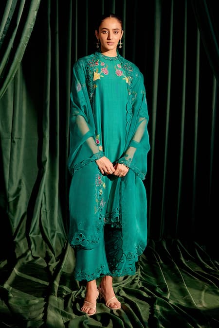 Chandrima_Green Chanderi Embroidery, Beads, Cut Work Floral Applique Kurta With Pant _at_Aza_Fashions