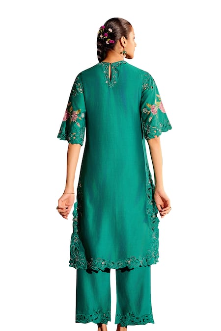 Buy_Chandrima_Green Chanderi Embroidery, Beads, Cut Work Floral Applique Kurta With Pant 