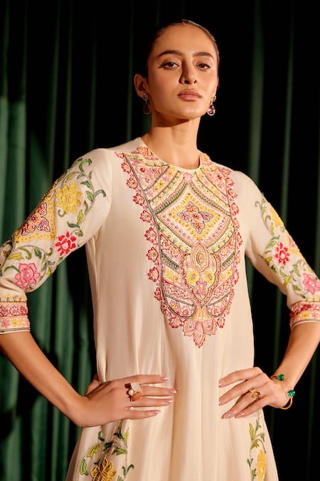Buy_Chandrima_Ivory Chanderi Beads, Embroidery Round Neck Floral Cord Flared Kurta With Pant _Online_at_Aza_Fashions
