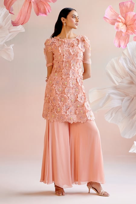 Chandrima_Peach Chanderi, Silk Organza, Silk, 3d Daisy Applique Short Kurta With Sharara _Online_at_Aza_Fashions