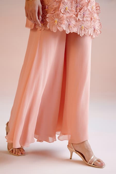 Buy_Chandrima_Peach Chanderi, Silk Organza, Silk, 3d Daisy Applique Short Kurta With Sharara _Online_at_Aza_Fashions