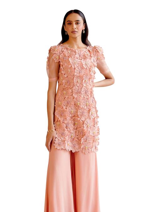 Shop_Chandrima_Peach Chanderi, Silk Organza, Silk, 3d Daisy Applique Short Kurta With Sharara _Online_at_Aza_Fashions