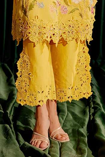 Chandrima_Yellow Silk Organza, Chanderi Beads, Cut Floral Embroidered Kurta With Pant _Online_at_Aza_Fashions